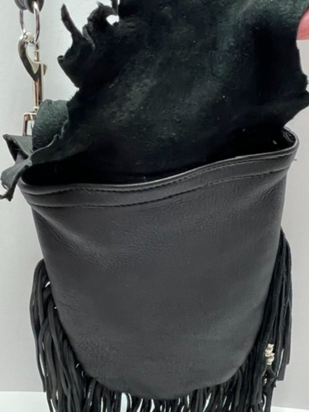 Hand Crafted Leather Ladies Fringed Biker Hip Bag w/Detach Crossbody Strap Black - Picture 3 of 8